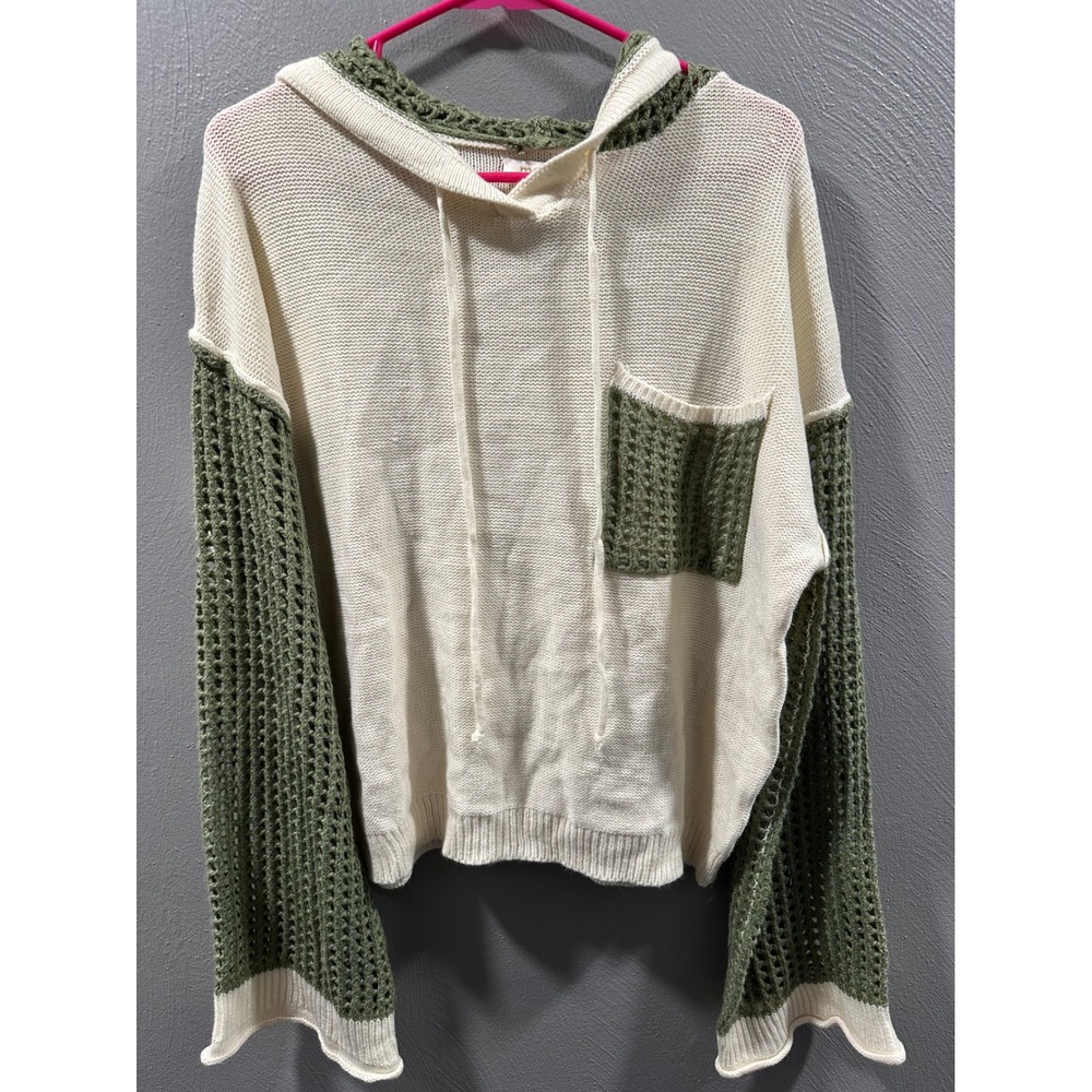 Mello Los Angeles Womens Crochet Knit Hoodie Sweater Cream Green Small NWT